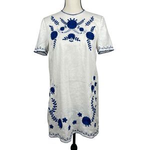 ZARA Women’s Dress Small White Blue Floral Linen Embroidered Short Sleeve Boho